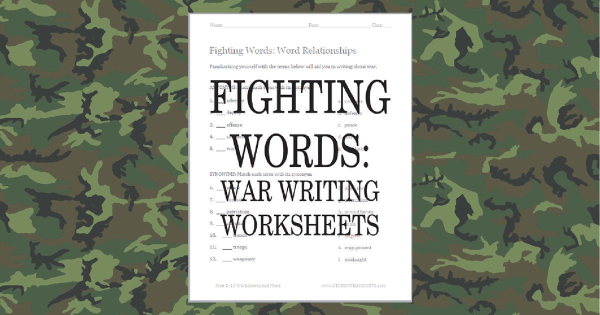 studenthandouts's tweet image. Fighting Words: War Writing Worksheets - Helpful vocabulary terms for writing about war. Free to print. PDF file. #socialstudies #war #combat #warfare #military studenthandouts.com/social-studies…