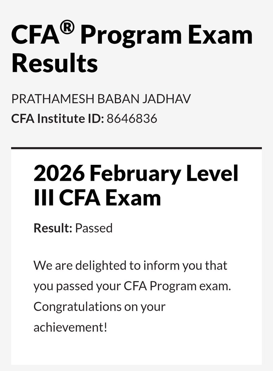 CAPrathamesh's tweet photo. Cleared CFA Level III.
From formulas to failures to finally finishing the journey — this one hits different.

#CFA #CFALevel3 #CFAProgram #Finance #Investing #CareerMilestone #HardWorkPaysOff #DoneAndDusted https://t.co/917QytMz4o