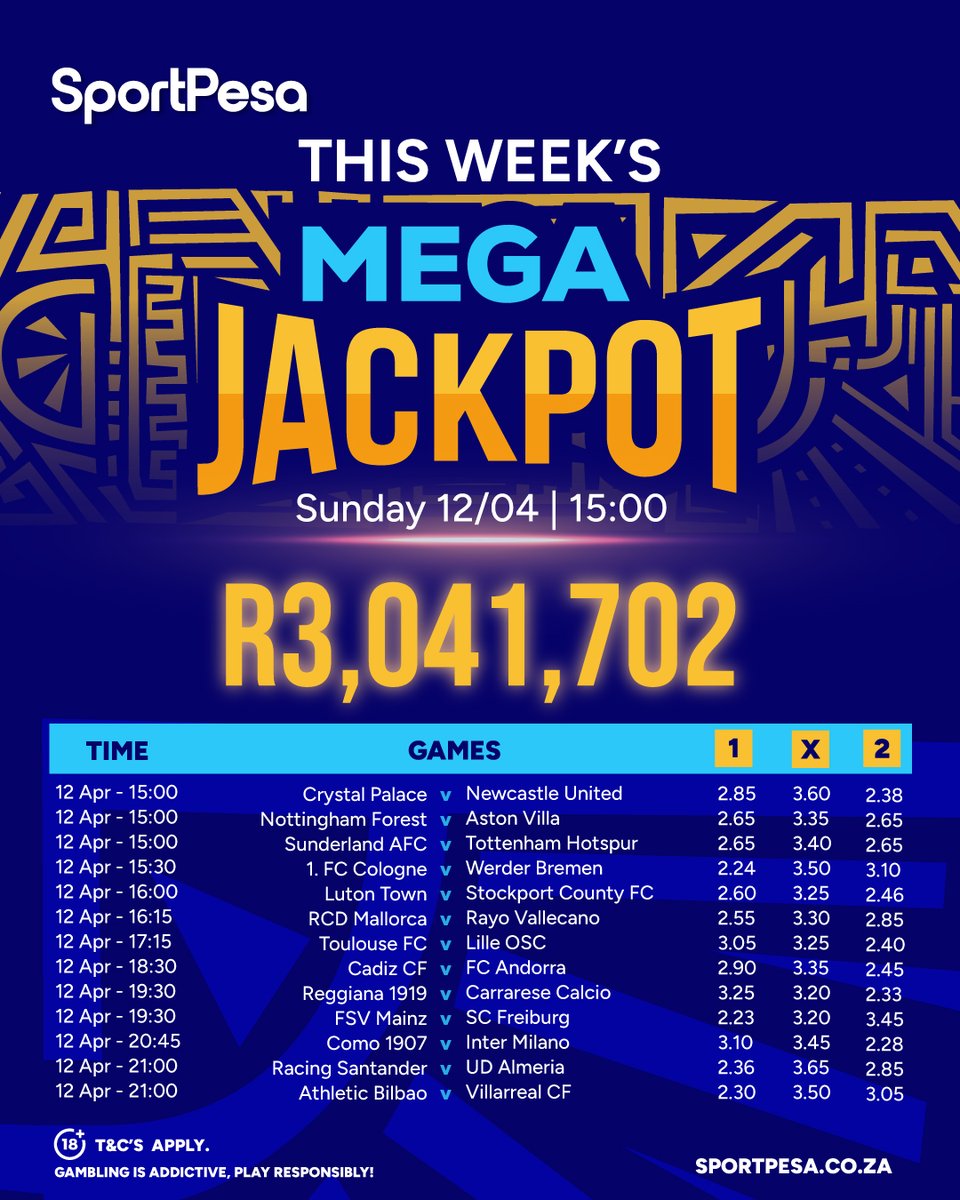 SportPesaSA's tweet image. JUST IN📥

Did your predictions Make It Count? 
Check out the Weekly Mega Jackpot Results 👉 sportpesa.co.za/en/megajackpot

#SportPesaSA #MakeItCount | #MegaJackpot