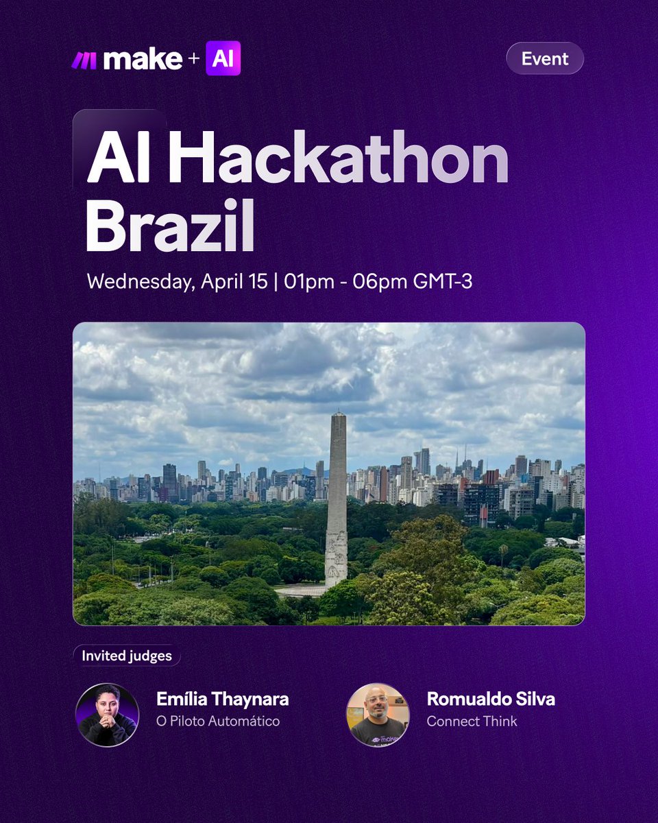 make_hq's tweet image. For the first time ever, Make is doing an AI #Hackathon in São Paulo, Brazil 🇧🇷

This isn't just another event, it's a hands-on sprint where you'll build real #AI solutions for real business challenges. Think: prototypes, competition, and breakthroughs.