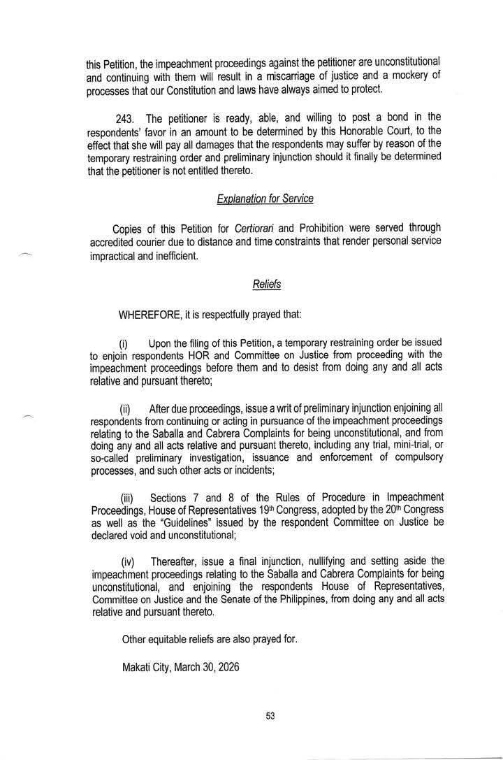 Part 2 👇 

BREAKING ‼️

Here you go, MISMONG si VP Inday Sara Duterte na ang NAGFILE sa Supreme Court NG PETITION FOR CERTIORARI AND PROHIBITION against the House Committee on Justice.