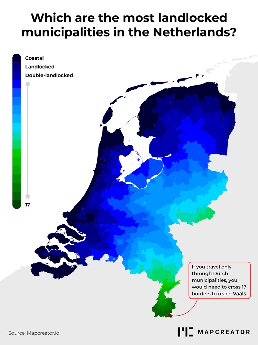 mapcreator_io's tweet photo. How many municipalities does it take to get from the sea to Vaals? With our choropleth function, you can create this map in a heartbeat. Let’s find out! 🇳🇱 🇩🇪 🇧🇪 #landlocked #municipalities #mapcreation https://t.co/YptBF0Huzm