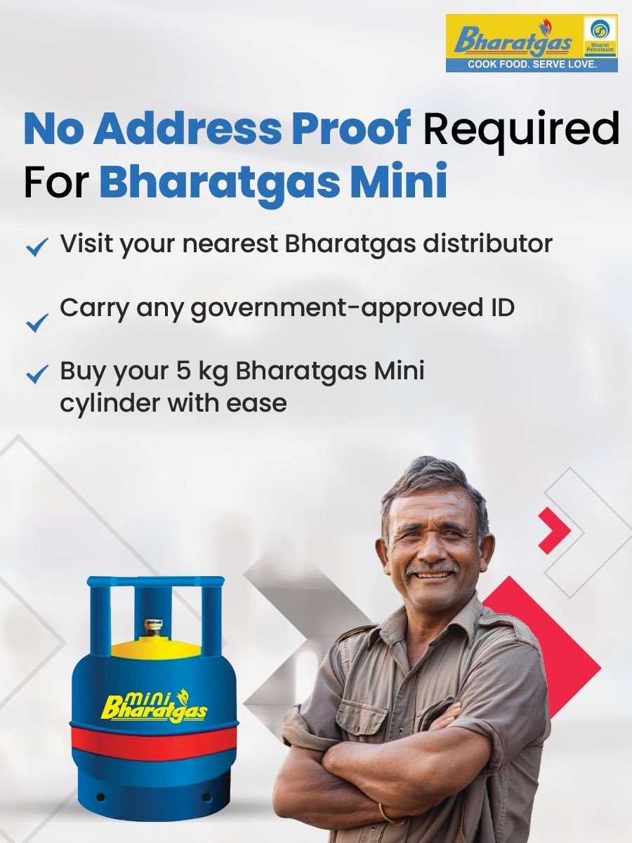 BPCLLPGPIYALA's tweet photo. With Bharatgas Mini, no address proof is required.

Customers can easily get their Bharatgas Mini 5 kg cylinder by visiting the nearest Bharatgas distributor and carrying any government-approved ID.
@PetroleumMin @HardeepSPuri  @Secretary_MoPNG @BPCLimited @bpcllpg #StayCalmIndia https://t.co/g5cxq5fUqc