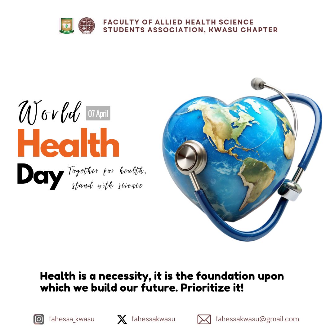 FAHESSA_KWASU's tweet photo. Health shapes how we live, work &amp; thrive. 

On #WorldHealthDay, we celebrate the power of science and collective action in protecting health. 

Every choice, every effort matters.

Together for Health. Stand with Science.

#TogetherForHealth #StandWithScience #AlliedHealth https://t.co/OzICM1NsT4