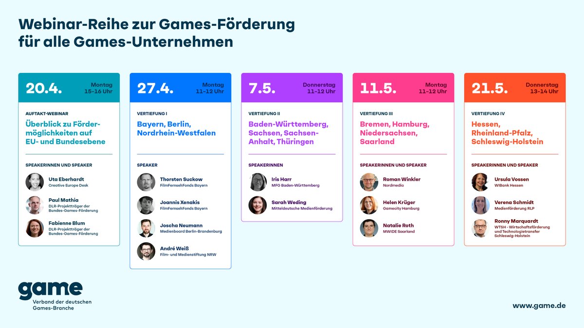 game_verband's tweet image. Games-Förderung in Deutschland: kostenlose Webinar-Reihe für alle #Games-Unternehmen!  Ein praxisnaher Überblick über alle relevanten Fördermöglichkeiten.
Die Teilnahme ist kostenlos &amp;amp; offen für alle Games-Unternehmen, auch für Nicht-Mitglieder des game! Anmeldung im Thread 🧵👇