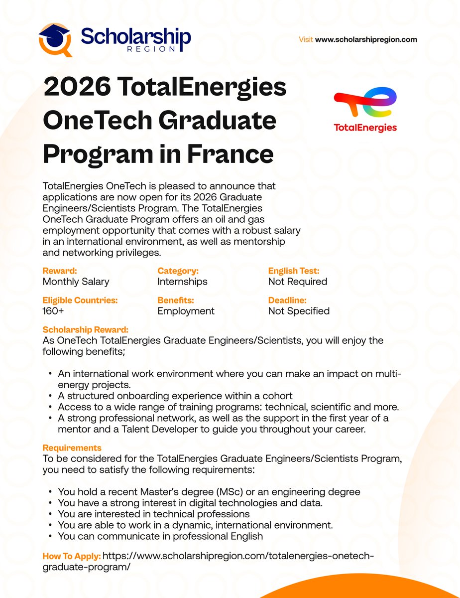 TotalEnergies OneTech Graduate Program in France 2026

Details: scholarshipregion.com/totalenergies-…

Benefits: Monthly Salary, Hands-on Training and Employment