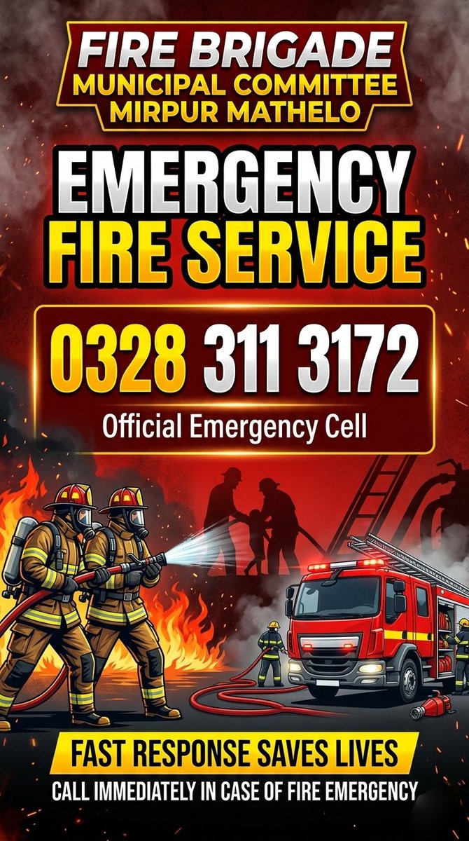 BhuttoUsmanBhu1's tweet image. "🔥 Fire safety alert! 🚒 Municipal Committee Mirpur Mathelo launches emergency fire service! Call 0328-3113172 for instant help. Kudos to Chairman Barrister Mir Shahbaz Khan Lound for this initiative! 💪 #MirpurMathelo #FireSafety #EmergencyResponse"