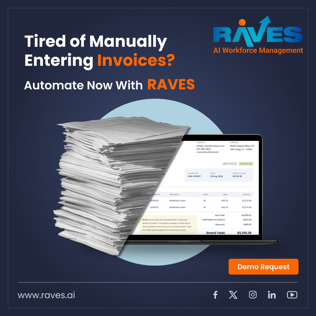 168277RAVES's tweet photo. Still entering invoices manually? 🧾 Switch to RAVES to automate invoicing with AI. Save time, reduce errors, and simplify workflows. Focus on what matters while RAVES handles the rest. 🚀 Book a demo: https://t.co/sPLyWL6MrB 
#RAVES #Automation #AIWorkforce https://t.co/jZnrz6Wif7