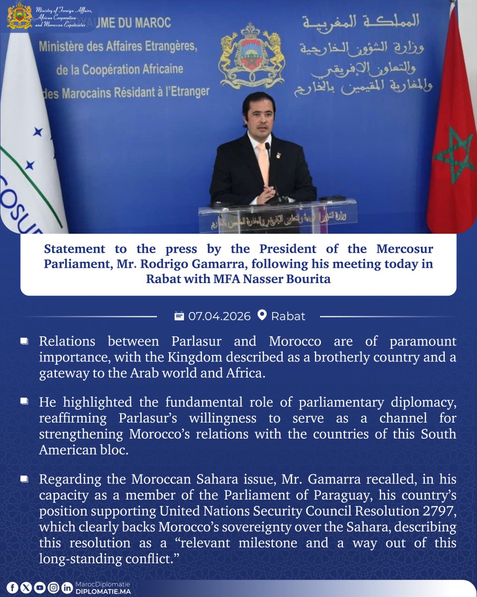 Statement to the press by the President of the Mercosur Parliament, Mr. Rodrigo Gamarra, following his meeting today in Rabat with MFA Nasser Bourita