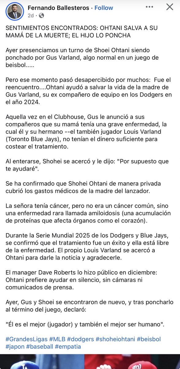 Este tipo, supuesto "periodista" <a href="/purobeisbolfb/">Fernando Ballesteros</a> se robó descaradamente un texto que publiqué sobre Ohtani y Varland de hace 3 días. Me alegra que mi redacción sobre la historia de Ohtani haya sido tan buena como para que Fernando Ballesteros decidiera publicarla como propia en