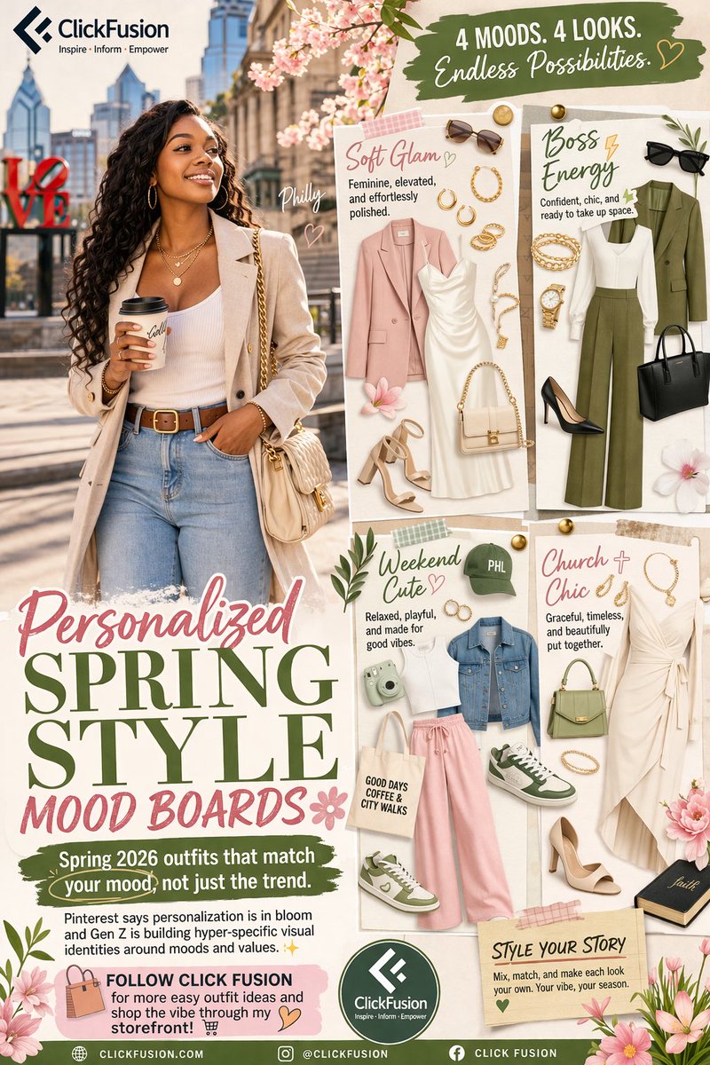 ClickFusionCo's tweet photo. Personalized Spring Style Mood Boards 🌸

Spring 2026 outfits that match your mood, not just the trend.” 

Pinterest’s Spring Trend Report says personalization is “in bloom,” and Pinterest also says Gen Z is building hyper-specific visual identities around moods and values.  

spring 2026 fashion trends, personalized style, everyday outfit ideas, women’s fashion inspiration, Philly spring style

▶️ YouTube:
https://t.co/5PAFsluViH
 #ClickFusion #SpringStyle2026 #OutfitIdeas #EverydayChic 

 “Follow Click Fusion for more easy outfit ideas and shop the vibe through my storefront 🛍️”https://t.co/k8zUgUla9f