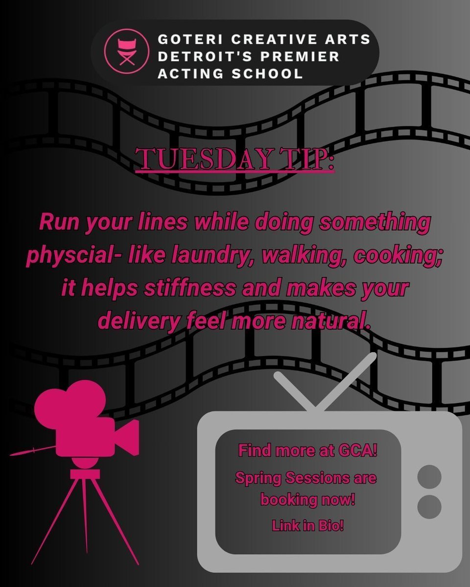 Richgoteri's tweet image. Run lines while doing something physical! It helps muscle memory, relax you, and put you in a more natural state. 
.
#LearnMore at GCA!  #SpringClasses booking now!
.
#tuesdaytip #actingtip #actor #theater #film #tv #setlife #audition #auditiontip #tipsandtricks #actingclass