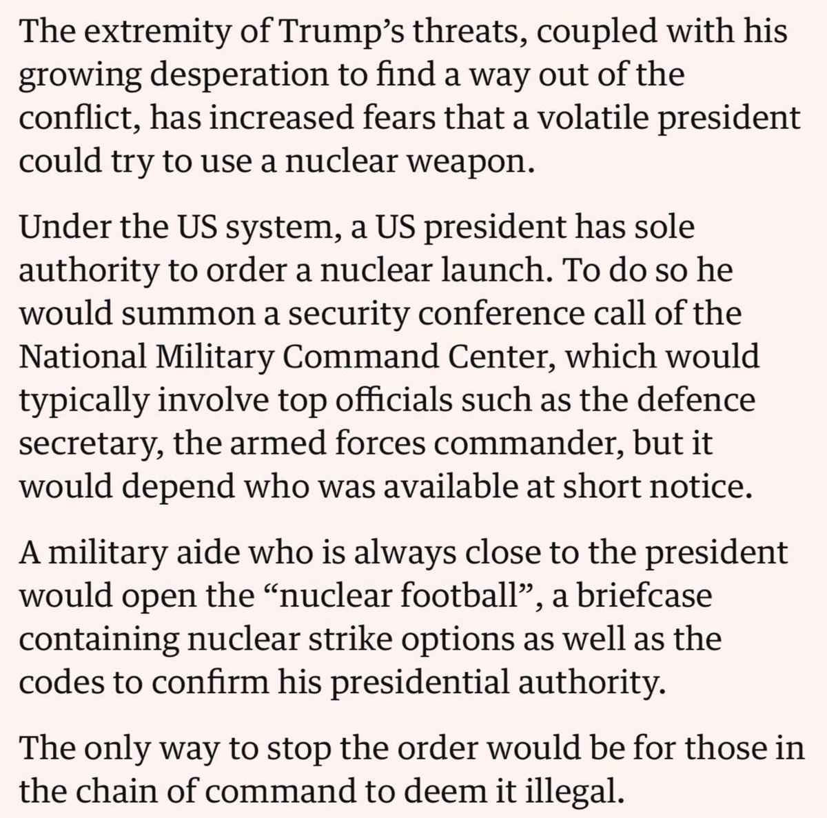 🚨 「トランプ大統領がイランへの核攻撃命令を検討する可能性について、現・元顧問団内で懸念が高まっている」

情報源：ガーディアン紙