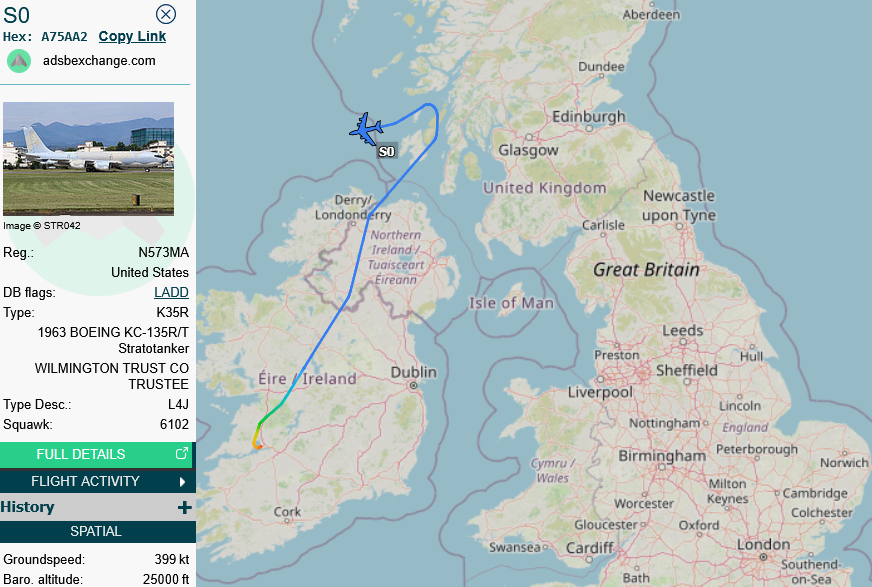 SirListenalot's tweet photo. #KC135 #A75AA2 #SWB99 out of Shannon is taking two "MO" #F15's #TABOR33-34 from Lakenheath to Goose Bay https://t.co/u92tyYbKCK