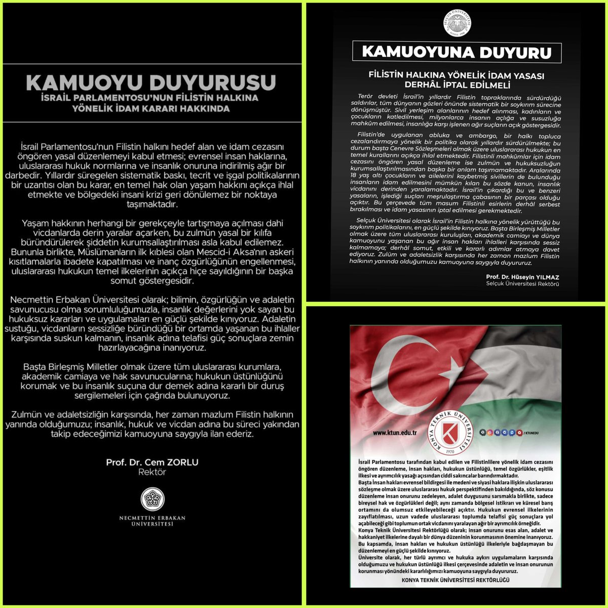 EBSKonya2's tweet photo. 🇹🇷🇵🇸Selçuk Üniversitesi
🇹🇷🇵🇸Necmettin Erbakan Üniversitesi
🇹🇷🇵🇸Konya Teknik Üniversitesi

⚡ KINAMA MESAJLARI⚡ 

🇹🇷🇵🇸 Eğitim-Bir-Sen Konya Üniversite Şubesi olarak; İsrail Parlamentosu'nun Filistinlilere yönelik idam cezasını öngören düzenlemesini güçlü şekilde kınayan Üniversite yönetimlerimize teşekkür ediyoruz. 

İnsan haklarına, hukukun üstünlüğüne ve evrensel adalet ilkelerine aykırı olan bu düzenleme, toplum vicdanını yaralayan ağır bir ayrımcılık örneğidir.

Birlikte daha güçlüyüz. Üniversitelerimizin hassasiyeti bizim hassasiyetimiz.

Her türlü hukuksuzluğun karşısında durmaya ve insan onurunu savunmaya devam edeceğiz.🇹🇷🇵🇸

@KTUNEDU
@NEUniversitesi
@selcukuniresmi
@CemZorlu
@oncelik
@ProfDrHYilmaz
@EBSKonya2 @hi_celik @dr_ibrahimcetin @AliGezen42 @VeliEraslan42 @kserpilyakut @SerblentKaraman @salahaddin86 @aceviz_42 @dogankaplan4 @ebskonya2kadin