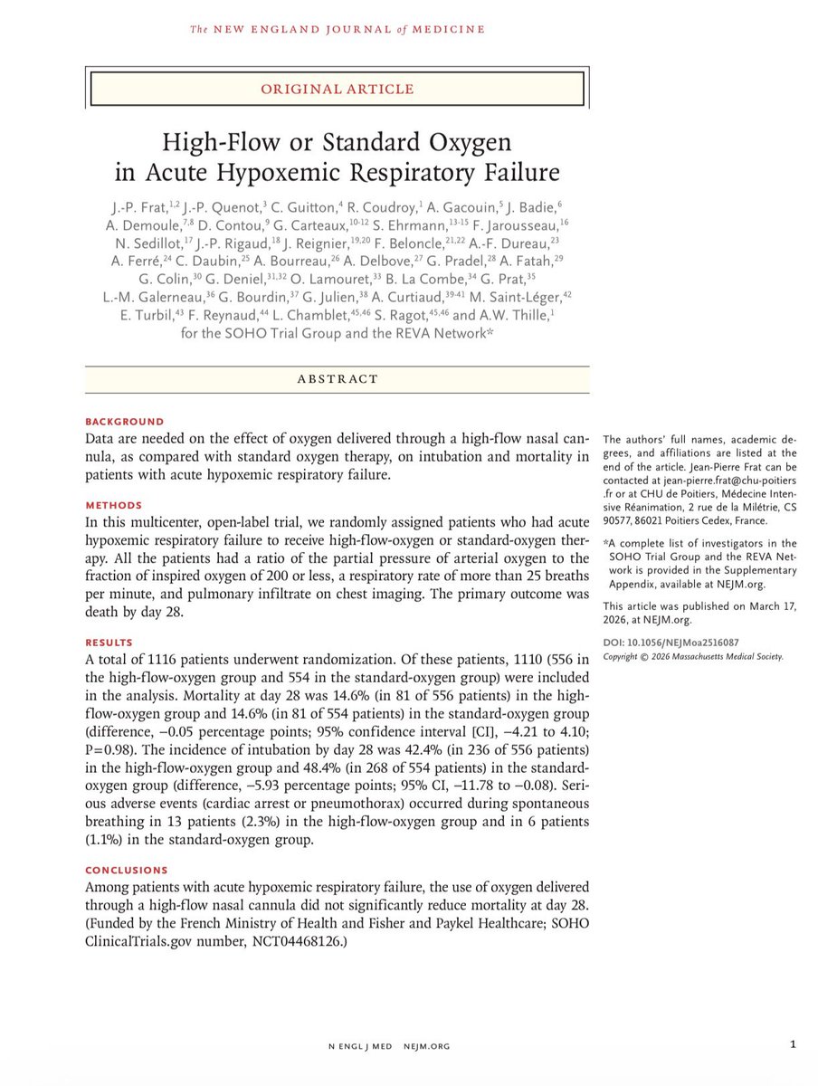 DailyUrgencias's tweet photo. ☝🏼SOHO Trial  by @NEJM 
📍Cánulas de Alto Flujo vs O2 estándar en IRA hipoxémica (RCT, n=1110): no reduce mortalidad a 28 días (14.6% vs 14.6%), pero Sí ↓ intubación (~6% absoluto) y mejora disnea/FR temprana. 

La selección debe ser individualizada.  
#CNAF #O2 #Ventilación #HFNC