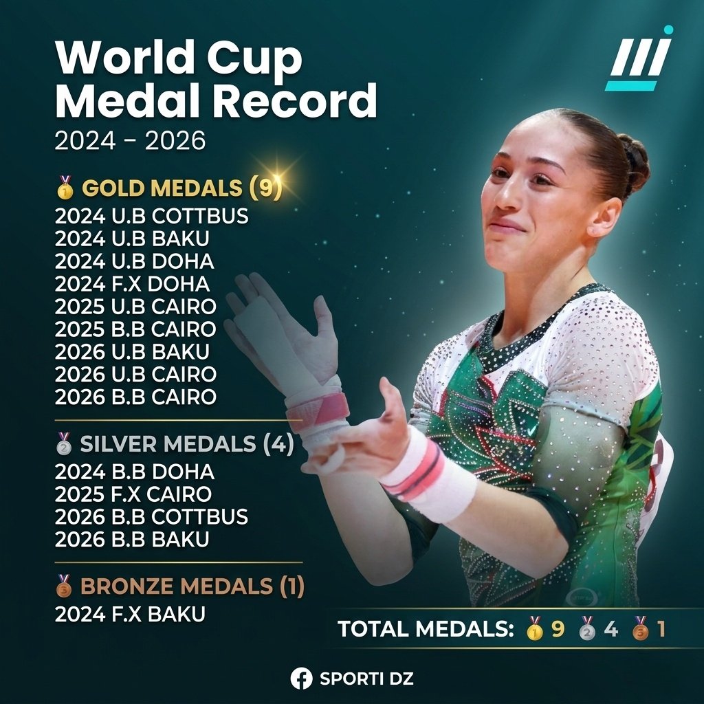 MohAlgSports's tweet photo. سجل كيليا نمور 🇩🇿 في جولات كؤوس العالم ( 2024 - 2026 )

9 ميداليات ذهبية 🥇 
4 ميداليات فضية 🥈 
 1 ميدالية برونزية 🥉 https://t.co/ZLlidmrCt9