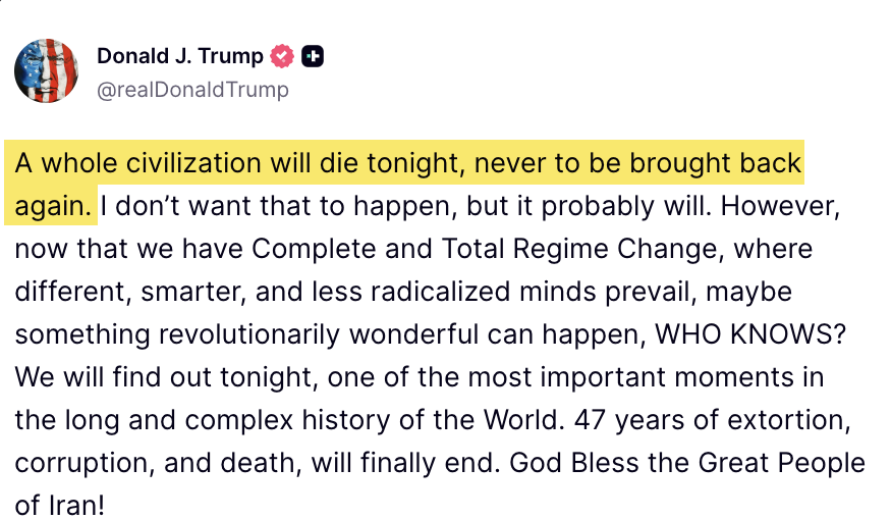 Let's put the batshit craziness of this aside. Trump has put himself into a corner where if Iran says fuck off then Trump either has to commit genocide or lose what little credibility he has left.