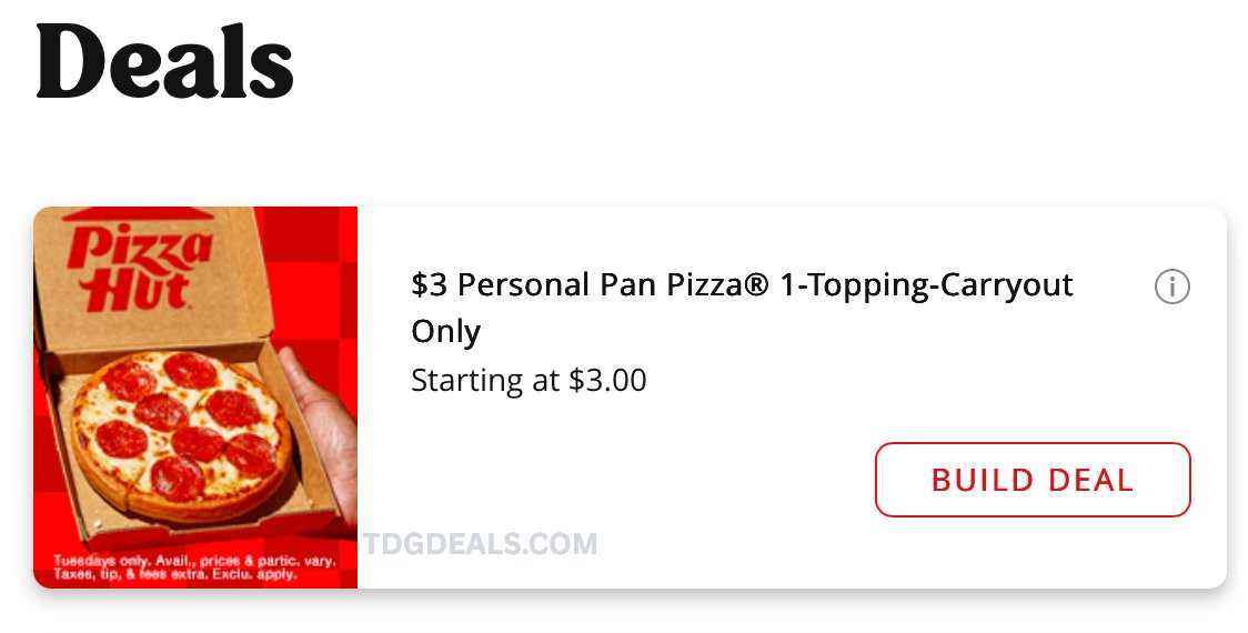 thedealsguy_'s tweet image. $3 PAN PIZZA @ PIZZA HUT 🍕

April $3 pan pizzas every Tuesday! At select stores only. 

link.tdgdeals.com/P7QhR