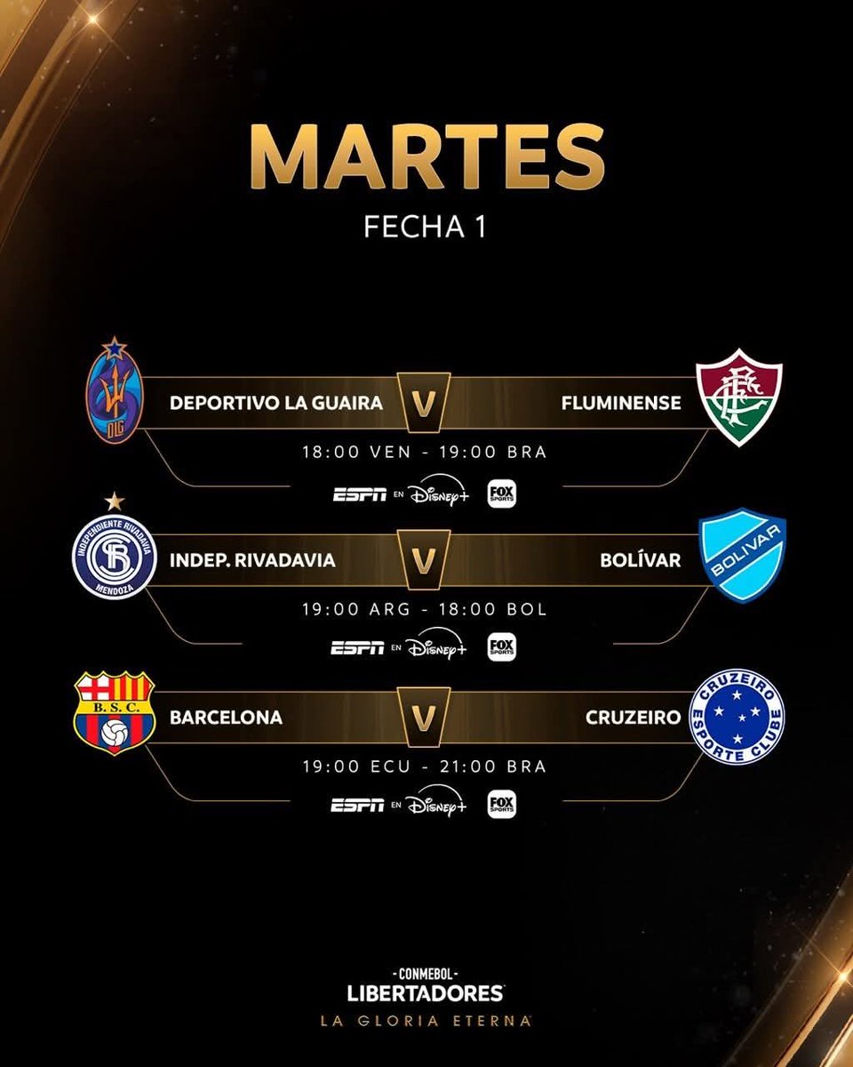 Bolívar y Always Ready debutan hoy en la nueva versión de la copa Conmebol Libertadores.  Nutrido rol de partidos para este martes. La academia en Mendoza, Argentina y los de la banda roja en El Alto.