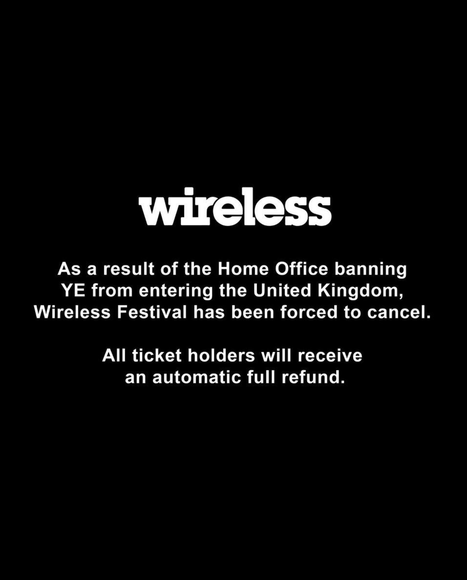 PopFestTR's tweet photo. Kanye West'in İngiltere'ye girişinin engellenmesinin ardından baş sanatçı olarak sahneye çıkacağı Wireless Festivali iptal edildi. https://t.co/6Rx4gtdmNy