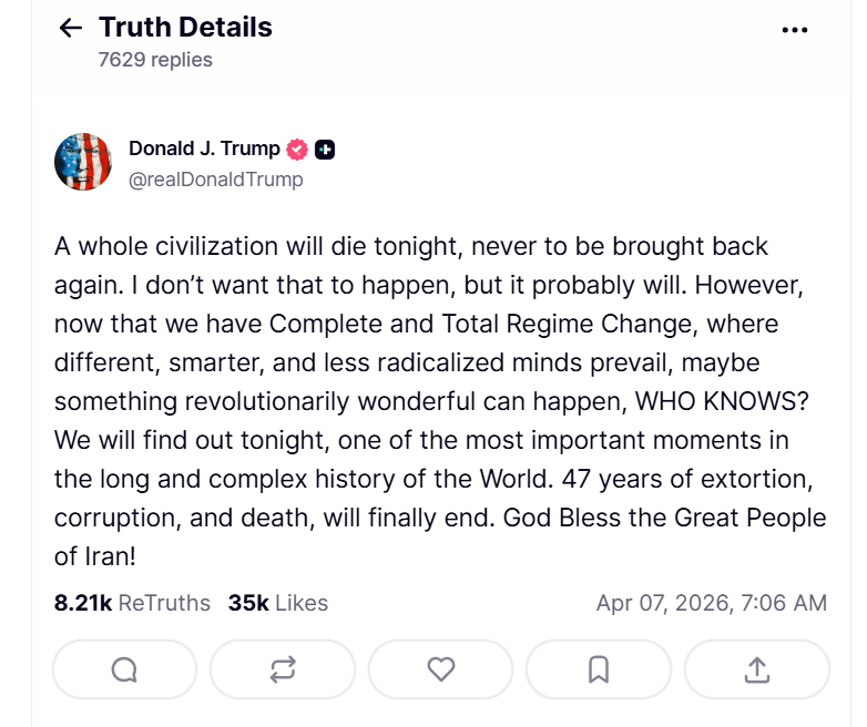 whitneymignan's tweet photo. "Una civilización entera morirá esta noche, para nunca volver a ser traída de nuevo. No quiero que eso suceda, pero probablemente sucederá [...]". Donald Trump inicia el día amenazando a la gente de Irán. https://t.co/O1xfKdqRK5