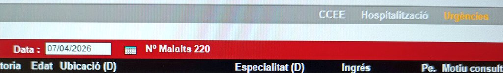 07/04/2026
220 pacients a Urgències de l'Hospital del Mar 
70 superen les 24 hores 
El més antic supera les 170 hores, té 80 anys
139 hores, 79 anys 
129 hores, 81 anys
121 hores, 83 anys
118 hores, 87 anys
104 hores, 81 anys
99 hores, 88 anys
92 hores, 90 anys
74 hores, 88 anys
