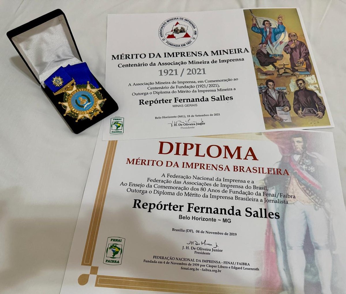 Sinto-me honrada em receber o Diploma de Mérito da Imprensa Brasileira e o Diploma de Mérito da Imprensa Mineira.

Agradeço à Federação Nacional de Imprensa, à Associação Mineira de Imprensa e à Federação das Associações de Imprensa do Brasil pela concessão da homenagem.

Ao
