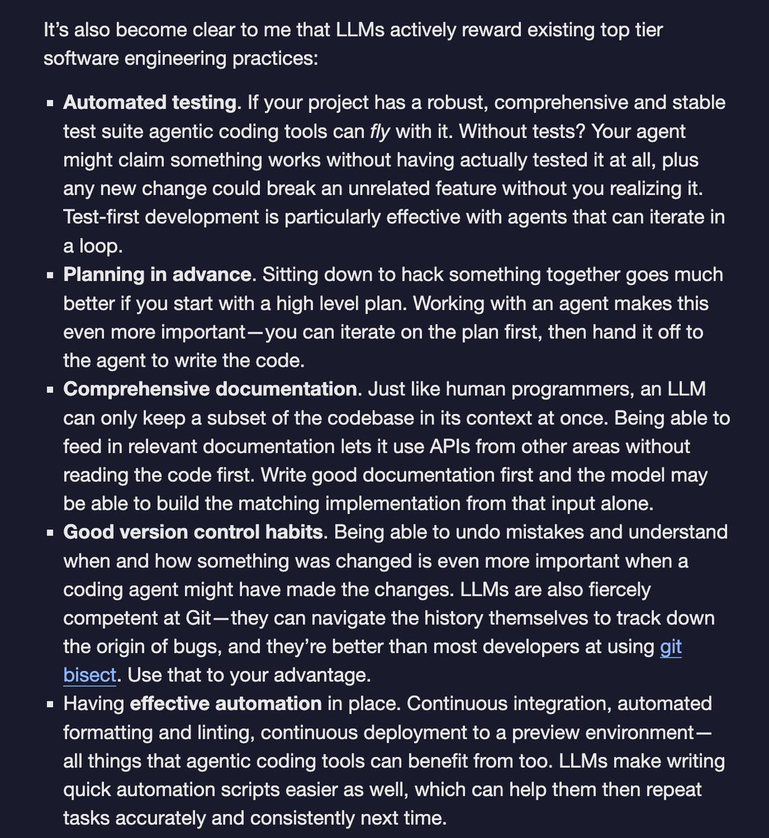 Simon Willison关于使用编程智能体所需技能的文章:自动化测试、规划、文档、版本控制和代码审查