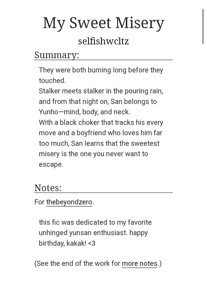 FiRE (My Sweet Misery) inspired #윤낫 ynsn au

two stalkers who finally collided in the rain.
now one of them wears a black choker that lets the other control him.

❤️‍🔥archiveofourown.org/works/82666891