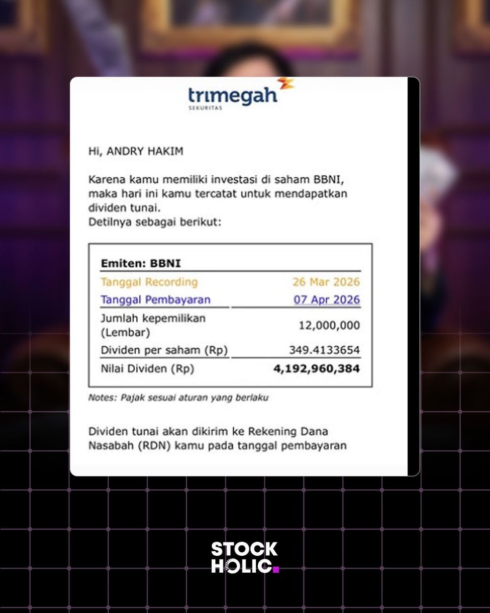 Cuanholic, kabar tentang Andry Hakim yang disebut-sebut meraup dividen Rp4 miliar dari saham PT Bank Negara Indonesia Tbk (BBNI) memang bikin heboh jagat saham.

Ini adalah bukti nyata bahwa passive income dari pasar modal itu benar-benar eksis. Tapi sebagai investor ritel, kita
