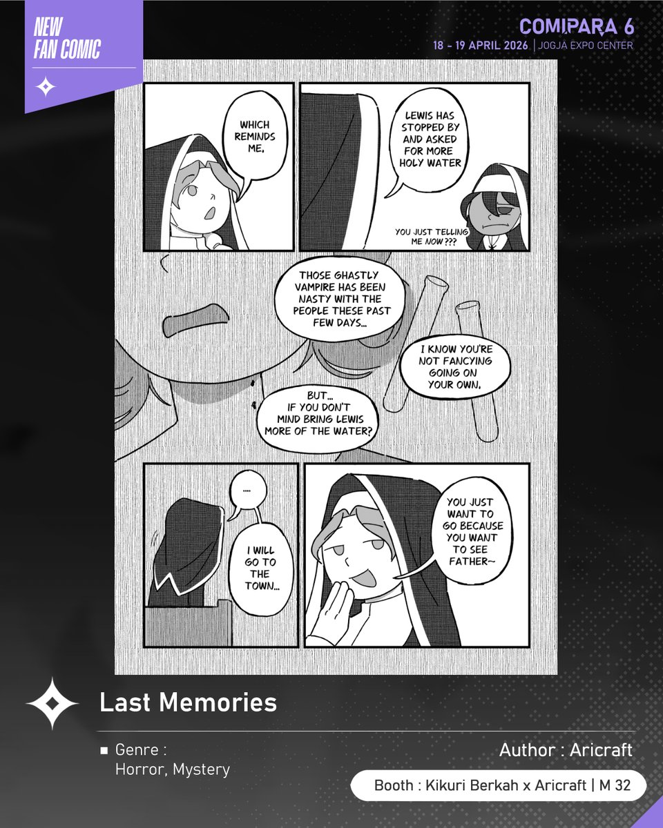 comipara_id's tweet image. [COMIC RAID]
Author: Aricraft
Booth: M 32  -  Kikuri Berkah x Aricraft

Ada juga ada komik baru karya Kak Aricraft, berjudul "Last Memories" yang akan dijual di Comipara 6 besok lho!

Sampai ketemu di venue! ✨

Comipara 6
18-19 April 2026
Jogja Expo Center

#comicraid6