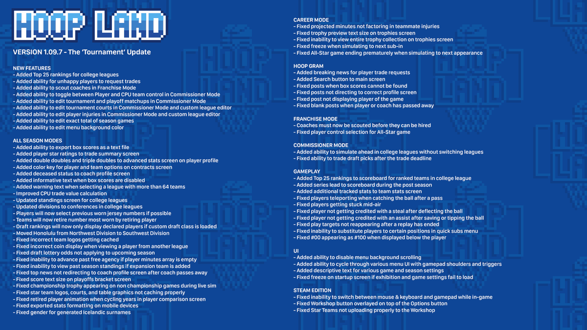 Hoop Land Update Version 1.09.7 is available now for Android, iOS and Steam Edition! College rankings, tournament courts, customizable playoff brackets, CPU player trade requests, and more! Check out the full patch notes below and thanks for playing! #gamedev #indiedev #indiegame