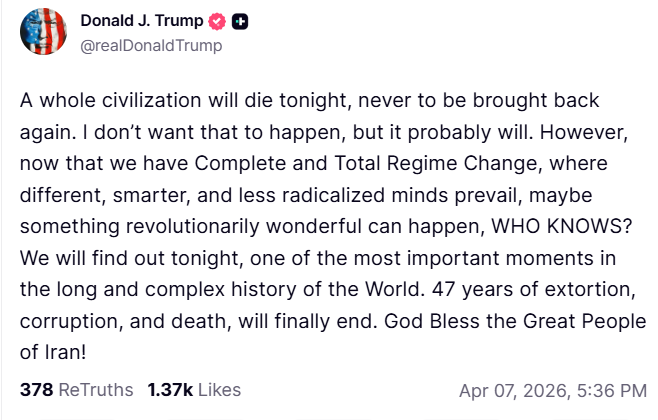 BREAKING: President Donald Trump warning a 'whole civilization will die tonight, never to be brought back again. I don’t want that to happen, but it probably will'.
#DonaldTrump #Israël #IranWar‌ #Israel #War