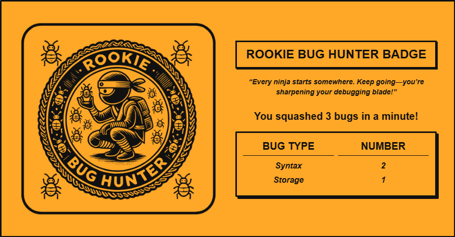 RastaDev_'s tweet photo. I just earned the 'Rookie Bug Hunter' badge in the Bug Ninja Challenge by solving 3 bugs! Can you beat me? π₯·π #BugNinjaChallenge
You can also participate through @the_web3compass https://t.co/c2ILJL7Mog
