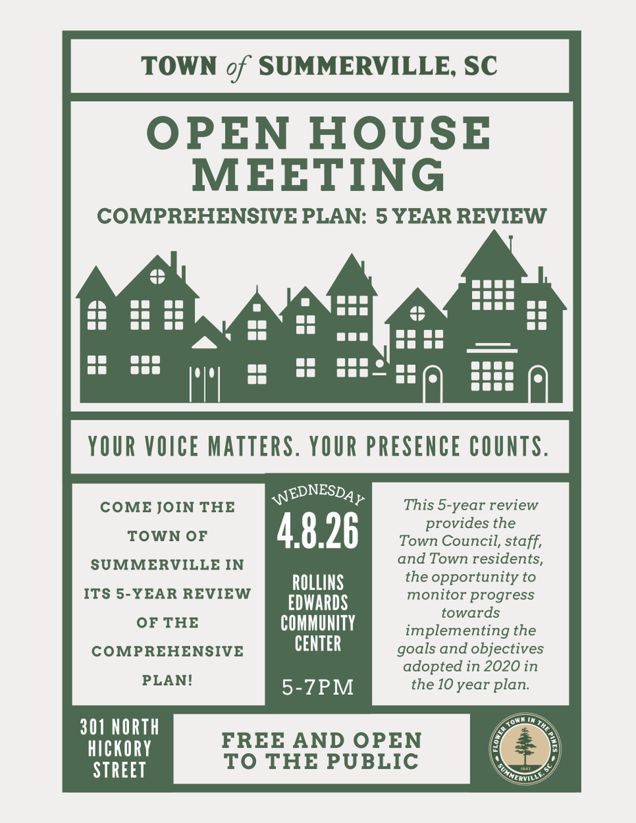 SummervilleSC's tweet photo. We're hosting an Open House for our Comprehensive Plan 5-Year Review! 

🔹April 8, 5–7 PM 
🔹Rollins Edwards Community Center, 301 N Hickory St. 

Join us to see our progress and future plans. Free &amp; open to all! 

#OpenHouse #Community https://t.co/lKKoIncFJA