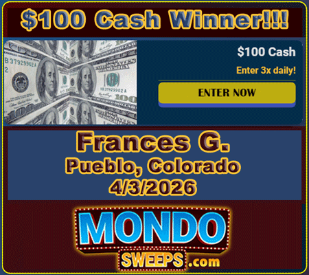 MondoSweeps's tweet photo. 🥳Mondo congrats to $100 Cash #Winner, Frances G. of  Pueblo, Colorado!💸🏆

✔️Enter to WIN up to $1,542,625 🆓 100% Free with MondoSweeps: https://t.co/YEsdPT1VUI https://t.co/PcZGZ91GNJ