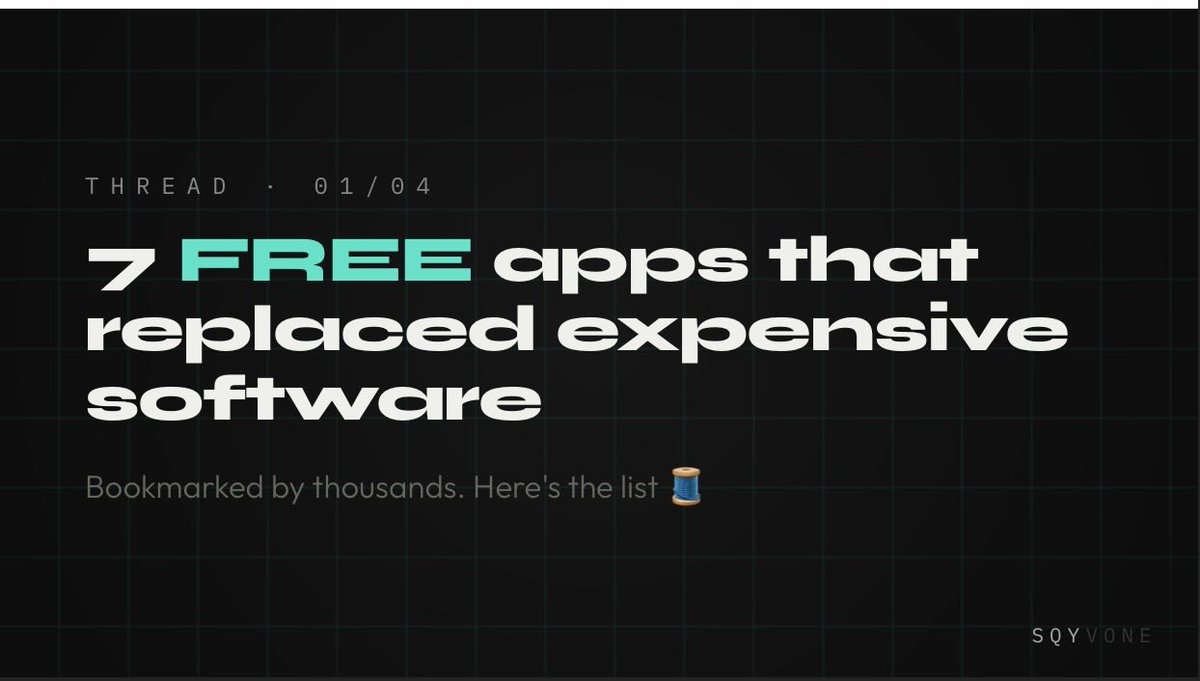 sqyvone's tweet photo. 7 free apps that replaced expensive software for me 🧵  Saving £1,000+/year. Here's the full swap list: https://t.co/45FQqxqZ1K