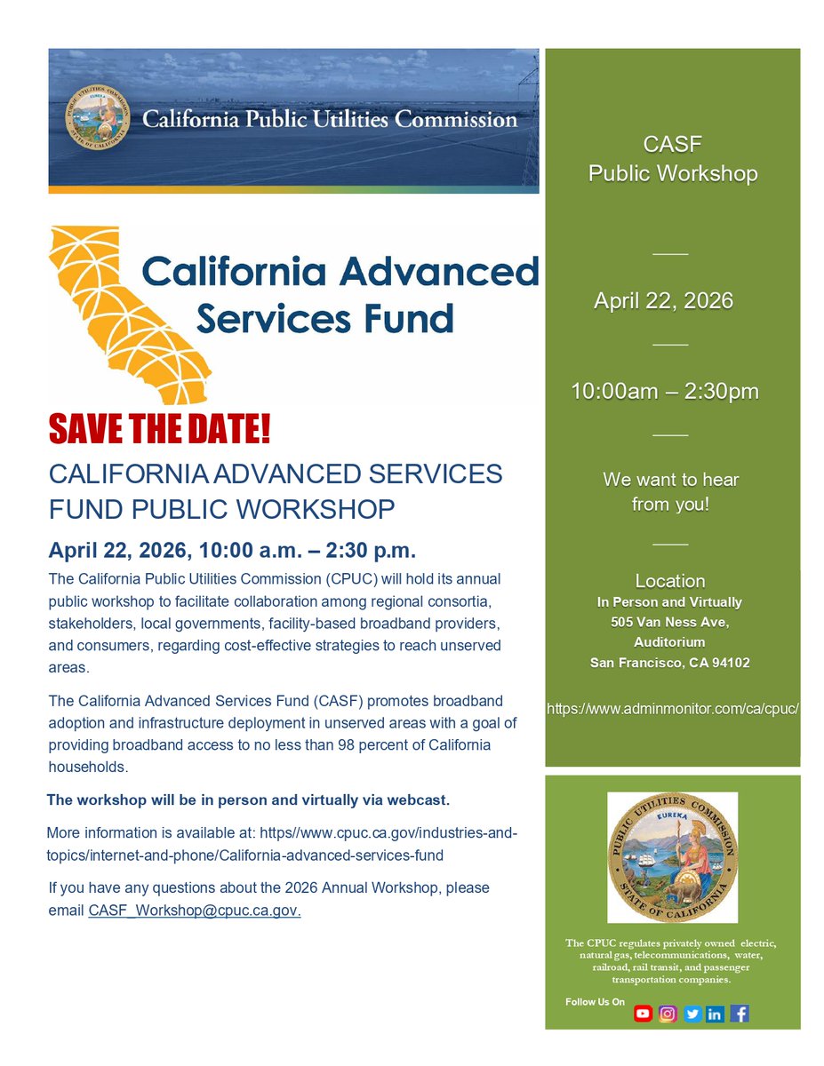 californiapuc's tweet image. Our CASF Public Workshop is just weeks away. April 22, 10 a.m.–2:30 p.m. Attend in-person in San Francisco or virtually. 
Details: docs.cpuc.ca.gov/PublishedDocs/…
#BroadbandForAll #CASF