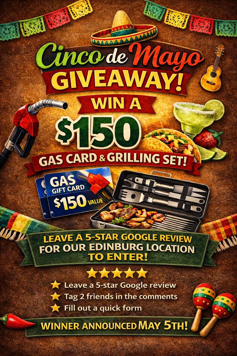 🎉 Giveaway 🎉
Enter for a chance to win a $150 gas card and grilling set.
How to enter:
• Leave a 5-star Google review for our Edinburg location : g.page/r/CSzIc5V2cWyH…
• Tag 2 friends
• Complete the entry form: forms.gle/Q6WKXA1zVBCvmt…
Winner announced May 5th.