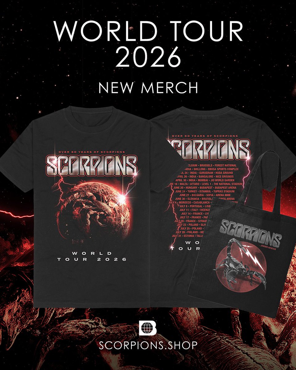 scorpions's tweet photo. The new Scorpions 2026 tour shirt is available now in our EU/ROW store. 🦂
Head over to https://t.co/WUhwkY2A1r and get yours now! https://t.co/3kSQ5ctgPb