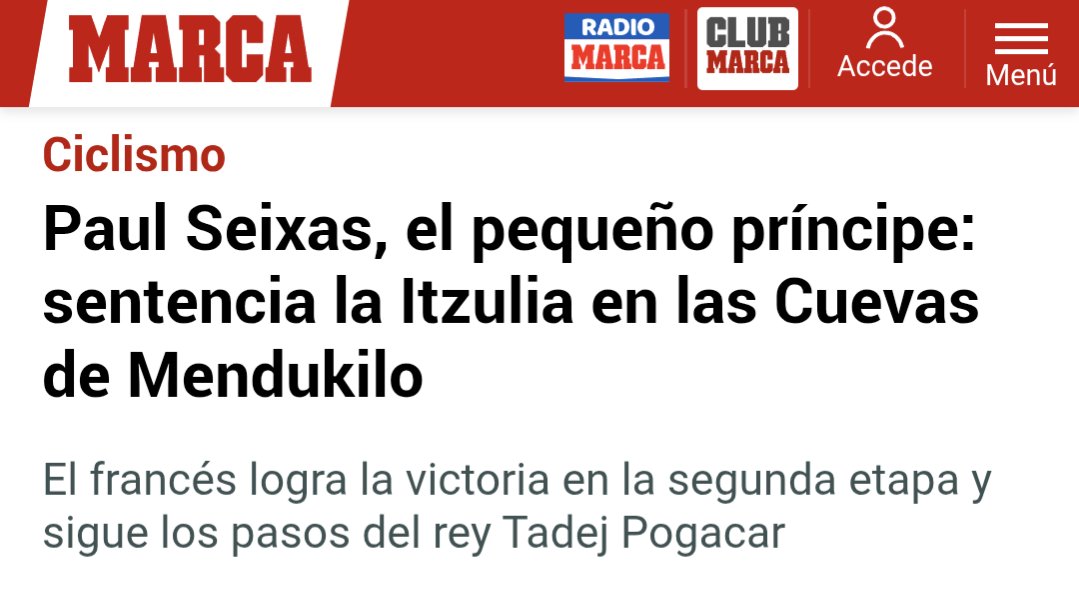 DarylRamadier's tweet photo. « Le nouveau Pogacar est là » pour @diarioas. Une « puissante démonstration » pour @mundodeportivo. « Le petit prince » qui « marche dans les pas du roi Tadej Pogacar » chez @marca.

La presse sportive espagnole ne tarit pas d'éloges au sujet de Paul Seixas, spectaculaire dominateur du début de l'Euskal Herriko Itzulia (Tour du Pays basque).