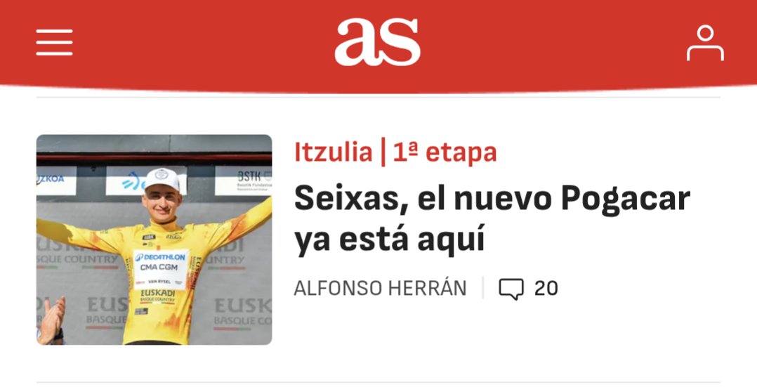DarylRamadier's tweet photo. « Le nouveau Pogacar est là » pour @diarioas. Une « puissante démonstration » pour @mundodeportivo. « Le petit prince » qui « marche dans les pas du roi Tadej Pogacar » chez @marca.

La presse sportive espagnole ne tarit pas d'éloges au sujet de Paul Seixas, spectaculaire dominateur du début de l'Euskal Herriko Itzulia (Tour du Pays basque).