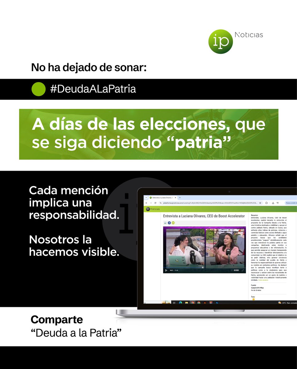 ipnoticiaslatam's tweet photo. #DeudaALaPatria sigue generando conversación.

A días de las elecciones, la palabra “patria” se repite.
Y cada mención implica una responsabilidad.

Nosotros la hacemos visible.

Accede a la entrevista completa:
https://t.co/ywl8o8a11b

#ParticipaciónCiudadana #Elecciones2026 https://t.co/nd3OMv09wQ