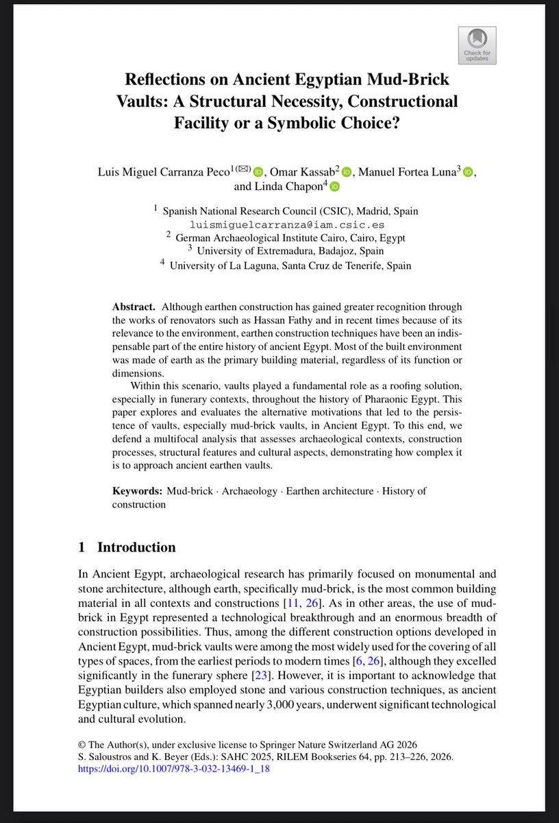 CTarteso's tweet image. 📚 Nuevo trabajo publicado por nuestro compañero @ElAntiguoMundo en el volumen ‘Structural Analysis of Historical Constructions’ de la editorial #Springer, junto a Omar Kassab, Manuel Fortea y Linda Chapon, sobre las bóvedas de adobe en el Antiguo Egipto 🧱