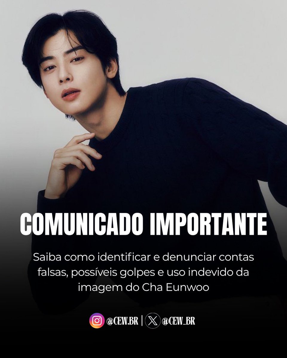 🚨 COMUNICADO 

Recentemente, identificamos perfis em redes sociais que utilizam indevidamente o nome e a imagem de Cha Eunwoo, incluindo a criação de conteúdos manipulados por inteligência artificial que simulam interações ou relacionamentos pessoais com o artista.

Também foram