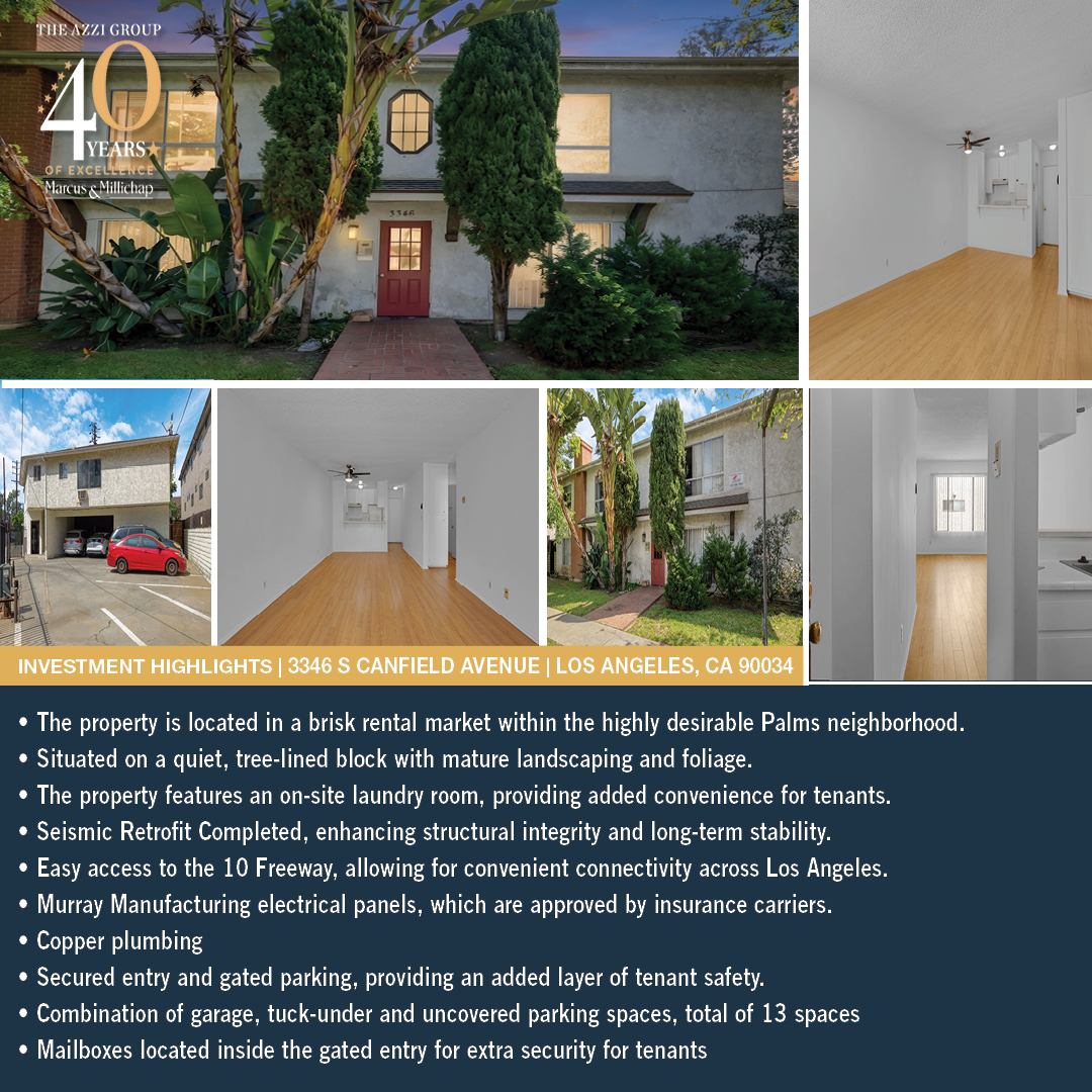 TheAzziGroup's tweet photo. ✨ Just Listed! ✨

🏢 3346 S Canfield Ave, Los Angeles

🏠 11 Units
💰 $2,400,000 | 4.53% Cap | $218K/Unit
🔥 Prime Palms Location | Stable Income | Rental Upside

📩 DM for OM or email for details

#JustListed #Palms #WestLA #Multifamily #CRE https://t.co/ayif2C8eKn