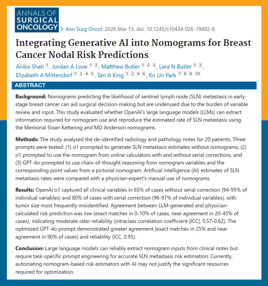 DFCI_BreastOnc's tweet image. New @AnnSurgOncol study looking at Integrating #GenerativeAI into Nomograms for #BreastCancer Nodal Risk Predictions
pubmed.ncbi.nlm.nih.gov/41824209/
@EMittendorfMD @TariKingMD @KClaraPark