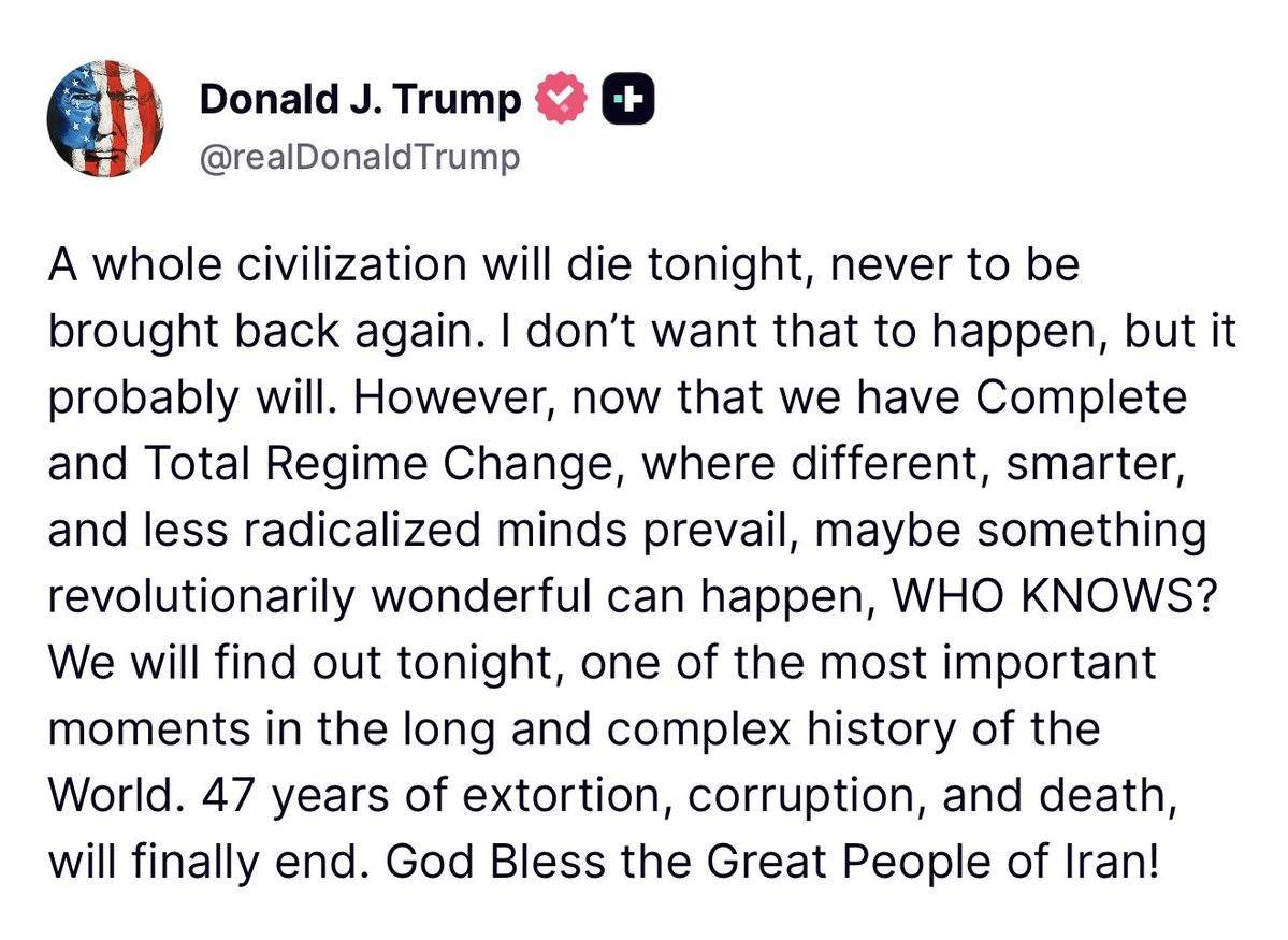 gbarnea's tweet photo. A Bridge Too Far
I generally prefer to stay out of any discussion of current events on social media. However, I feel that today's statement by the elected leader of the world's greatest superpower threatening to obliterate a "whole civilization" tonight is a historic and cataclysmic moment. It is undoubtedly the most obscene, deranged, and inhumane statement of our generation (though competition is tight).

Attacking any civilization as such is utter madness and unimaginable wickedness. But placing the millennia-old Iranian civilization, in all its history, complexity, beauty, and richness—a civilization without which humanity as we know it would be entirely unrecognizable—in the crosshairs is depraved beyond what words can express.

This perversion shall pass and regardless of current geopolitical realities in- and outside Iran, Iranian civilization will certainly survive this episode and even thrive through the weight of its history, language, poetry, art, wisdom, architecture, music, humor, and science. Of that I have no doubt.

Even from the vantage point of the tiny corner of Iranian history that I study, one thing that always strikes me is the resilience, inventiveness, and continuity of the Iranian people and of Iranian culture. These features are at the DNA of this great civilization and they cannot be erased.