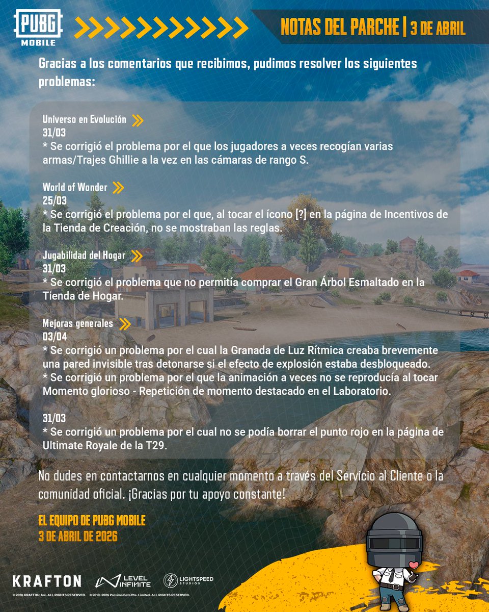 PUBGMOBILELATAM's tweet image. Notas del parche | 3 de abril, 2026 📝
Gracias a su apoyo y feedback, sobrinos se han resuelto varios de los problemas que nos han comentado.👀

Gracias por seguir manteniéndonos al tanto y poder corregir estos y más problemas

#PUBGMOBILE

#PUBGMOBILELATAM
#MobileGaming
#gaming